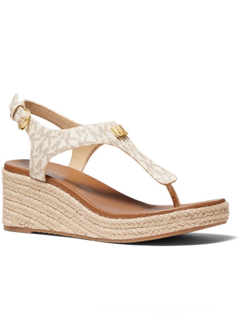 Michael Kors Laney Cream Logo Espadrille Wedge Thong Sandal with Gold MK Accent